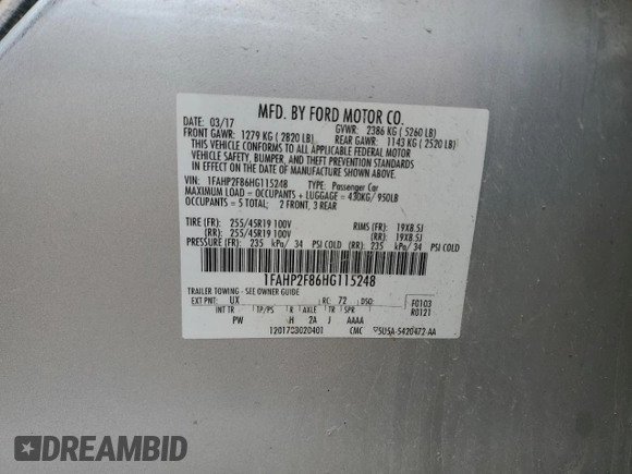 2017 Ford Taurus Limited with VIN 1FAHP2F86HG115248, listed as a Copart auction lot 62262235 with 125,041 mi miles and Clean title. Bid and sale history available at DreamBid. Image 12.