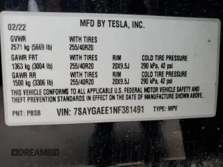 2022 Tesla Model Y Long Range with VIN 7SAYGAEE1NF381491, listed as a Copart auction lot 52694185 with 33,412 mi miles and Salvage Title. Bid and sale history available at DreamBid. Image 12.