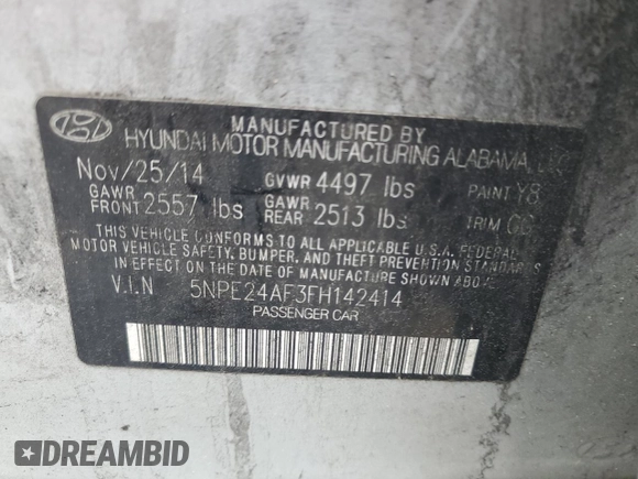 2015 Hyundai Sonata SE z VIN 5NPE24AF3FH142414, wystawiony jako Copart lot #57108445 z przebiegiem 280 483 mil mil oraz Szkoda całkowita • Salvage title. Historia ofert i sprzedaży dostępna na DreamBid. Obrazek 12.