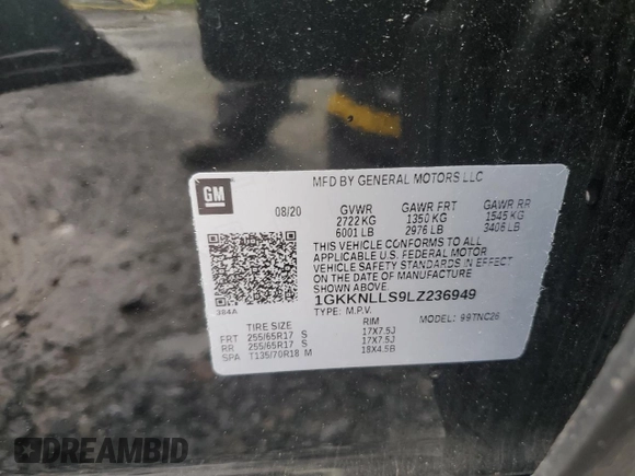 2020 GMC Acadia AT4 with VIN 1GKKNLLS9LZ236949, listed as a Copart auction lot 56944845 with 99,614 mi miles and Salvage title. Bid and sale history available at DreamBid. Image 13.