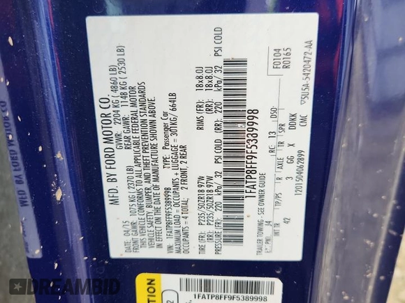 2015 Ford Mustang GT Premium z VIN 1FATP8FF9F5389998, wystawiony jako Copart lot #65453125 z przebiegiem 89 034 mil mil oraz Szkoda całkowita • Salvage title. Historia ofert i sprzedaży dostępna na DreamBid. Obrazek 13.