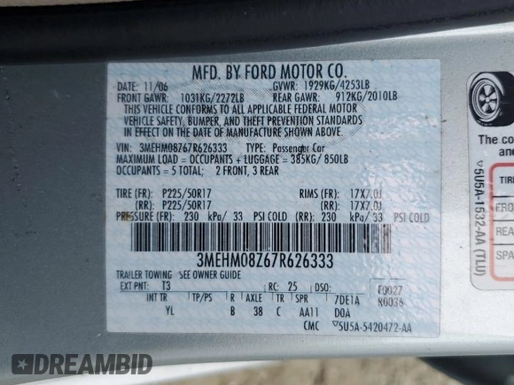 2007 Mercury Milan Premier with VIN 3MEHM08Z67R626333, listed as a Copart auction lot 74704054 with 0 mi miles and Salvage Title. Bid and sale history available at carsss.com. Image 13.