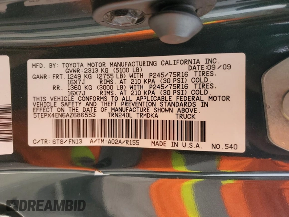 2010 Toyota Tacoma with VIN 5TEPX4EN6AZ686553, listed as a Copart auction lot 80257234 with 148,788 mi miles and Salvage title. Bid and sale history available at DreamBid. Image 14.