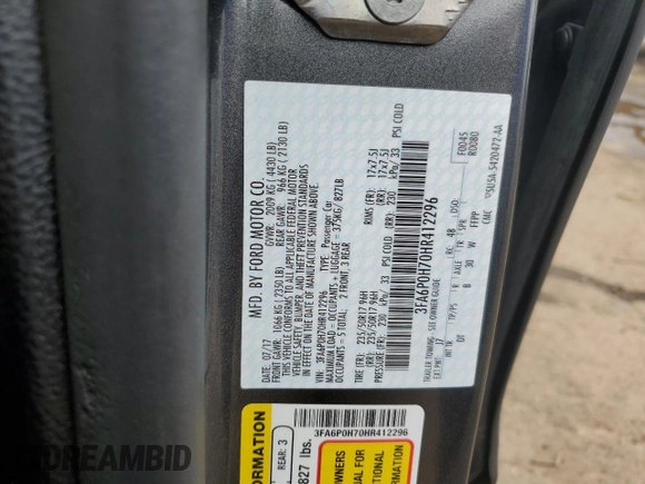 2017 Ford Fusion SE with VIN 3FA6P0H70HR412296, listed as a Copart auction lot 59883335 with 93,115 mi miles and Clean title. Bid and sale history available at DreamBid. Image 12.