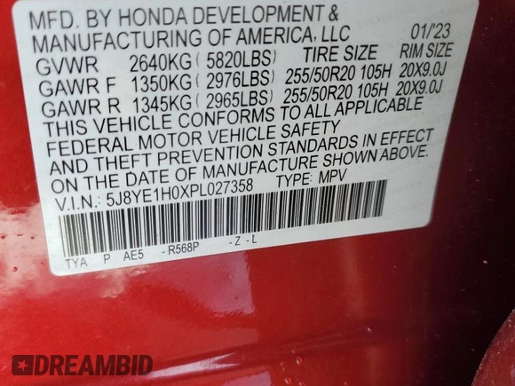 2023 Acura MDX w/A-Spec Package with VIN 5J8YE1H0XPL027358, listed as a Copart auction lot 43131555 with 21,767 mi miles and Salvage Title. Bid and sale history available at DreamBid. Image 13.