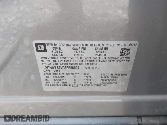 2018 Chevrolet Equinox LT with VIN 3GNAXSEV9JS506007, listed as a IAAI auction lot 42061597 with 92,021 mi miles and . Bid and sale history available at carsss.com. Image 9.
