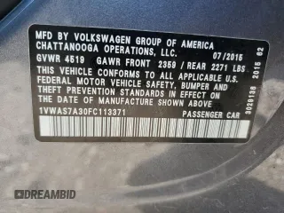2015 Volkswagen Passat S with VIN 1VWAS7A30FC113371, listed as a Copart auction lot 52119765 with 162,431 mi miles and Clean title. Bid and sale history available at DreamBid. Image 12.