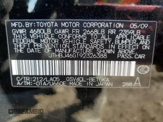 2009 Lexus ES 330 with VIN JTHBJ46G192326388, listed as a Copart auction lot 46501215 with 131,911 mi miles and Salvage Title. Bid and sale history available at DreamBid. Image 12.
