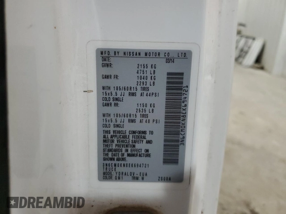 2014 Nissan NV200 SV with VIN 3N6CM0KN8EK694721, listed as a Copart auction lot 85100824 with 169,927 mi miles and Salvage title. Bid and sale history available at DreamBid. Image 13.