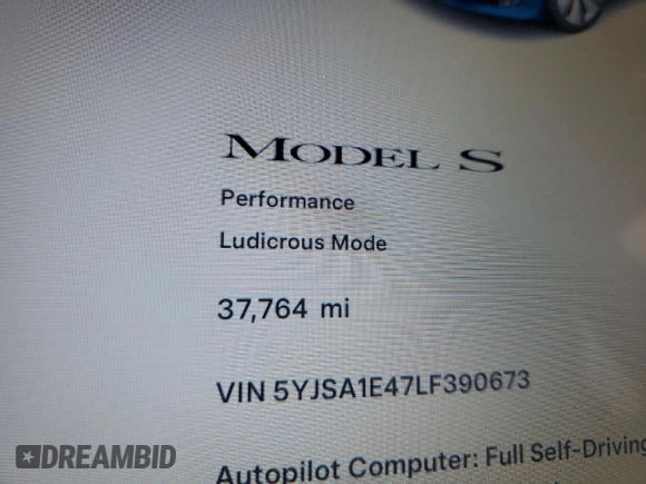 2020 Tesla Model S Performance with VIN 5YJSA1E47LF390673, listed as a Copart auction lot 50419005 with 37,764 mi miles and Salvage Title. Bid and sale history available at carsss.com. Image 9.
