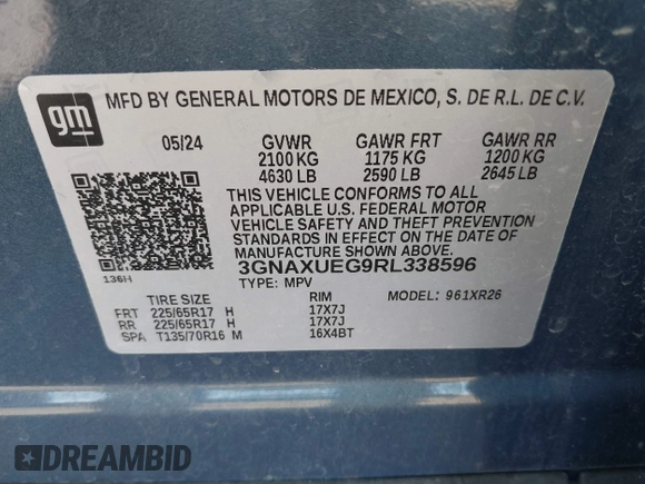 2024 Chevrolet Equinox LT with VIN 3GNAXUEG9RL338596, listed as a IAAI auction lot 41942790 with 25,692 mi miles and . Bid and sale history available at DreamBid. Image 9.