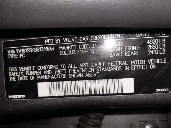 2016 Volvo V60 T5 Premier with VIN YV1612SK8G1311644, listed as a IAAI auction lot 41203569 with 96,242 mi miles. Bid and sale history available at carsss.com. Image 9.