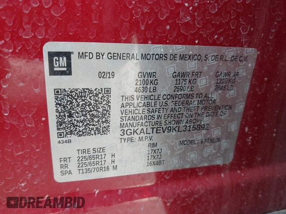 2019 GMC Terrain SLE z VIN 3GKALTEV9KL315892, wystawiony jako IAAI lot #42488363 z przebiegiem 103 869 mil mil oraz . Historia ofert i sprzedaży dostępna na DreamBid. Obrazek 9.