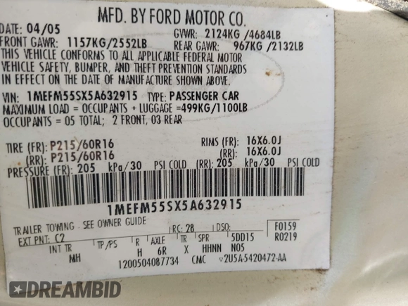 2005 Mercury Sable LS с VIN 1MEFM55SX5A632915, выставлен на аукционе IAAI как лот 42823026 с пробегом 24 675 миль миль и . История ставок и продаж доступна на DreamBid. Изображение 9.