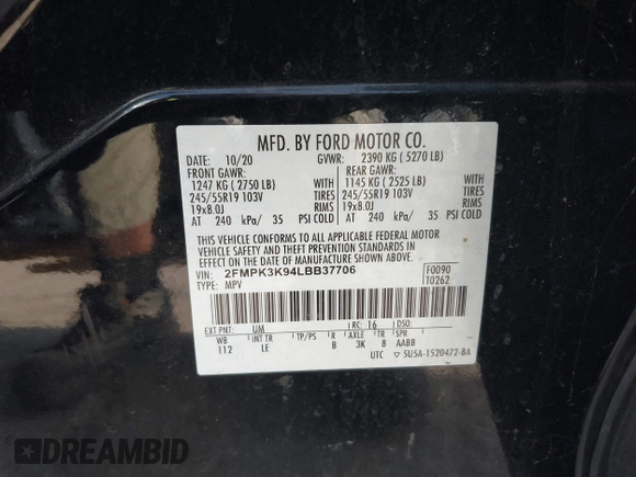 2020 Ford Edge Titanium with VIN 2FMPK3K94LBB37706, listed as a IAAI auction lot 42524373 with 77,849 mi miles and . Bid and sale history available at DreamBid. Image 9.