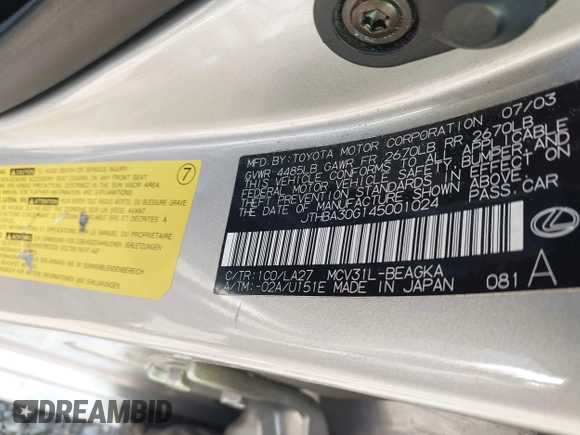 2004 Lexus ES 350 with VIN JTHBA30G145001024, listed as a IAAI auction lot 42140215 with 113,514 mi miles and . Bid and sale history available at DreamBid. Image 9.