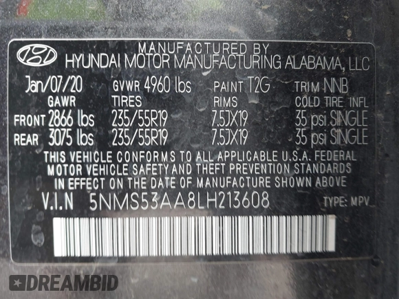 2020 Hyundai Santa Fe Limited with VIN 5NMS53AA8LH213608, listed as a IAAI auction lot 41787079 with 53,634 mi miles and . Bid and sale history available at DreamBid. Image 9.