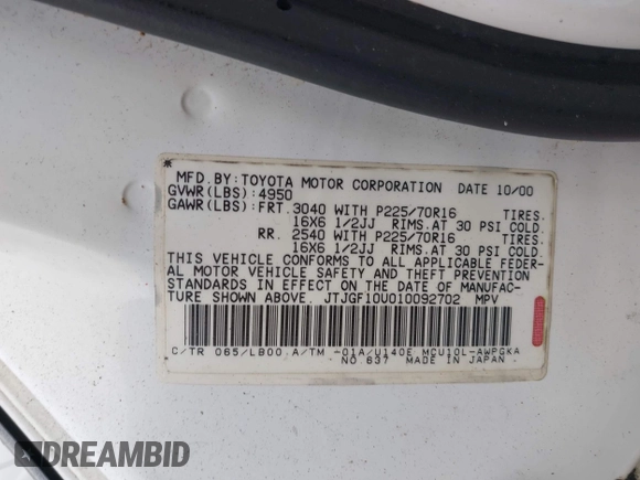 2001 Lexus RX 300 with VIN JTJGF10U010092702, listed as a IAAI auction lot 42489593 with 215,966 mi miles and . Bid and sale history available at DreamBid. Image 9.