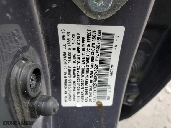 2016 Honda Civic Sedan EX with VIN 19XFC2F76GE246652, listed as a Copart auction lot 52642235 with 80,858 mi miles and Salvage Title. Bid and sale history available at carsss.com. Image 12.