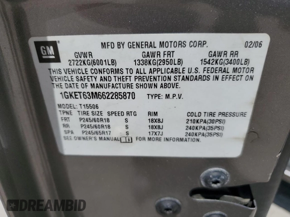 2006 GMC Envoy Denali with VIN 1GKET63M662285870, listed as a Copart auction lot 59828134 with 262,804 mi miles and Salvage Title. Bid and sale history available at DreamBid. Image 15.