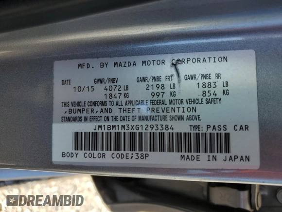 2016 Mazda 3 S Touring with VIN JM1BM1M3XG1293384, listed as a Copart auction lot 55459765 with 67,481 mi miles and Salvage title. Bid and sale history available at DreamBid. Image 12.