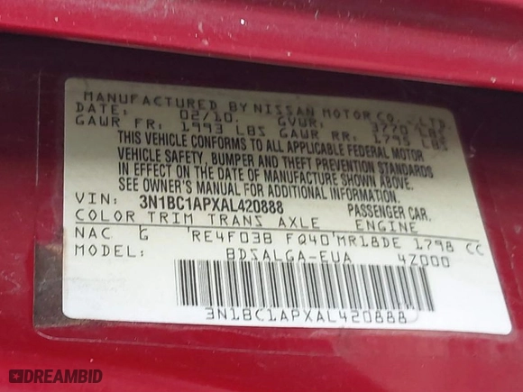 2010 Nissan Versa 1.8 S with VIN 3N1BC1APXAL420888, listed as a IAAI auction lot 41239495 with 224,860 mi miles. Bid and sale history available at carsss.com. Image 9.