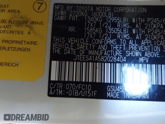 2008 Toyota Highlander with VIN JTEES41A582028404, listed as a IAAI auction lot 42608413 with 225,070 mi miles and . Bid and sale history available at DreamBid. Image 9.