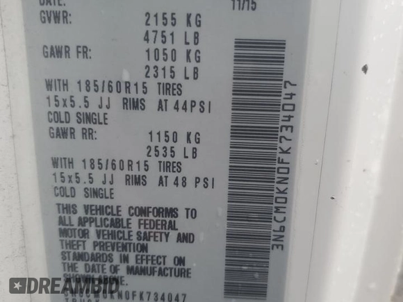 2015 Nissan NV200 SV with VIN 3N6CM0KN0FK734047, listed as a Copart auction lot 51535675 with 0 mi miles and Clean Title. Bid and sale history available at carsss.com. Image 12.