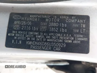 2006 Hyundai Elantra GLS z VIN KMHDN46D86U350929, wystawiony jako IAAI lot #42474563 z przebiegiem 163 335 mil mil oraz . Historia ofert i sprzedaży dostępna na DreamBid. Obrazek 9.