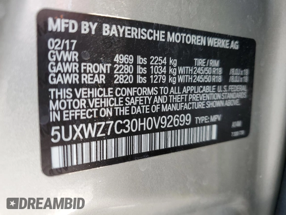 2017 BMW X3 sDrive28i with VIN 5UXWZ7C30H0V92699, listed as a Copart auction lot 56203265 with 101,328 mi miles and Salvage Title. Bid and sale history available at DreamBid. Image 13.