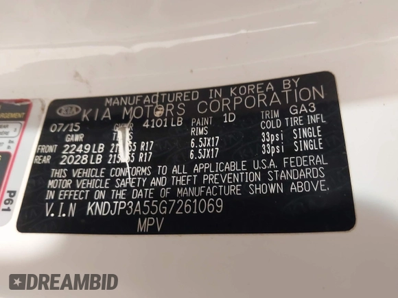 2016 Kia Soul + with VIN KNDJP3A55G7261069, listed as a IAAI auction lot 41308499 with 106,209 mi miles and . Bid and sale history available at DreamBid. Image 9.