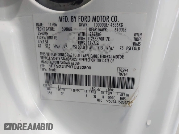 2007 Ford F-250 XL with VIN 1FTSX21P97EB32800, listed as a IAAI auction lot 42744784 with 110,944 mi miles and . Bid and sale history available at DreamBid. Image 9.