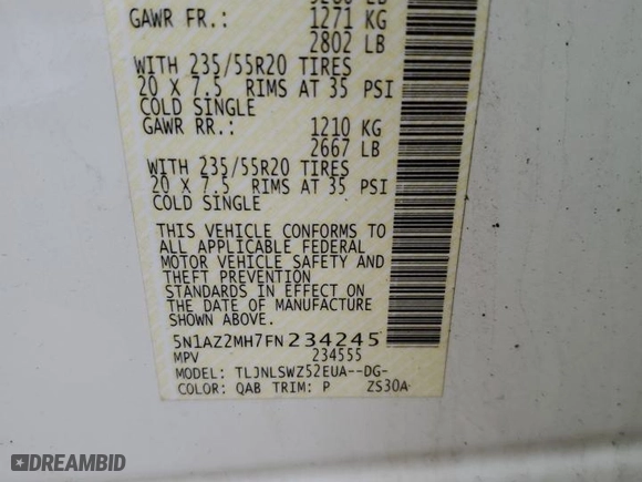 2015 Nissan Murano Platinum with VIN 5N1AZ2MH7FN234245, listed as a Copart auction lot 52851735 with 51,084 mi miles and Salvage Title. Bid and sale history available at carsss.com. Image 15.