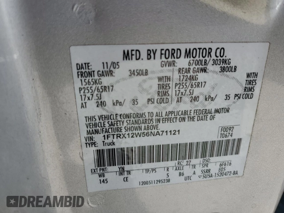 2006 Ford F-150 STX with VIN 1FTRX12W56NA71121, listed as a Copart auction lot 49388495 with 158,971 mi miles and Salvage Title. Bid and sale history available at carsss.com. Image 12.