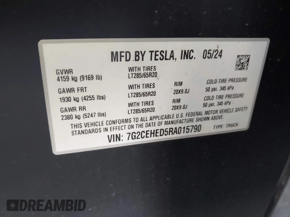 2024 Tesla Cybertruck z VIN 7G2CEHED5RA015790, wystawiony jako IAAI lot #41587683 z przebiegiem 5 867 mil mil oraz . Historia ofert i sprzedaży dostępna na DreamBid. Obrazek 9.