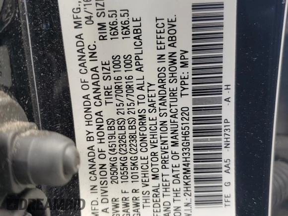 2016 Honda CR-V LX with VIN 2HKRM4H33GH651220, listed as a Copart auction lot 49003285 with 159,901 mi miles and Salvage Title. Bid and sale history available at carsss.com. Image 15.