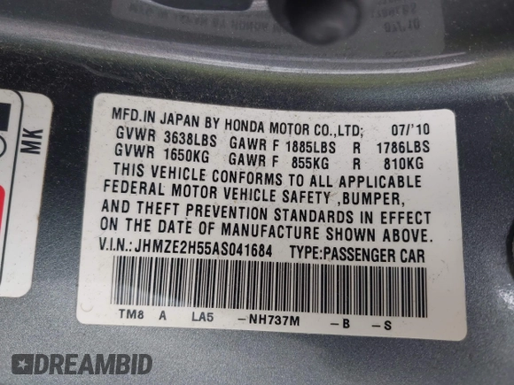2010 Honda Insight LX with VIN JHMZE2H55AS041684, listed as a IAAI auction lot 42222564 with 296,830 mi miles and . Bid and sale history available at DreamBid. Image 9.