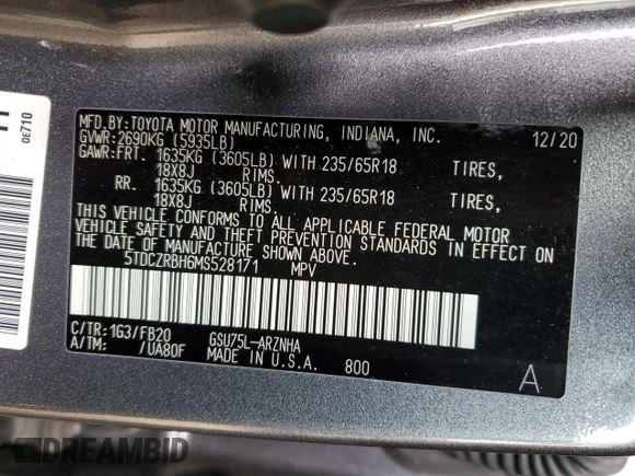 2021 Toyota Highlander L with VIN 5TDCZRBH6MS528171, listed as a Copart auction lot 50648405 with 75,297 mi miles and Clean title. Bid and sale history available at DreamBid. Image 14.