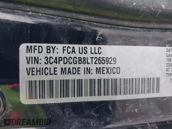 2020 Dodge Journey Crossroad with VIN 3C4PDCGB8LT265929, listed as a IAAI auction lot 41539494 with 154,915 mi miles and . Bid and sale history available at DreamBid. Image 9.