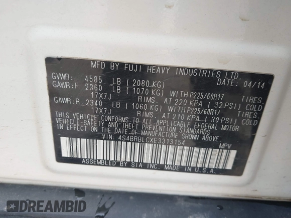 2014 Subaru Outback Limited with VIN 4S4BRBLCXE3313154, listed as a IAAI auction lot 41830358 with 127,652 mi miles and . Bid and sale history available at DreamBid. Image 9.