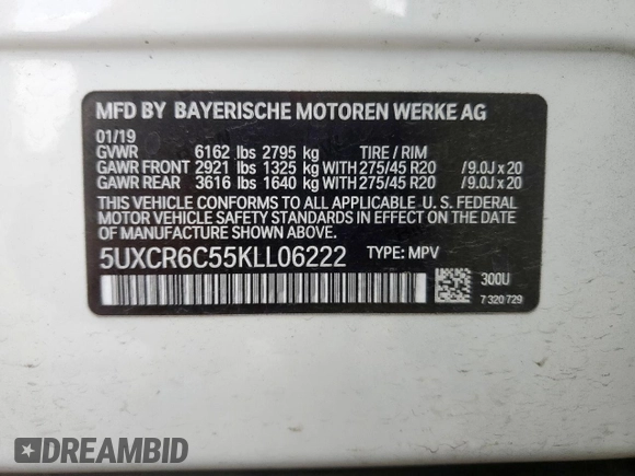 2019 BMW X5 xDrive40i with VIN 5UXCR6C55KLL06222, listed as a Copart auction lot 65166095 with 97,268 mi miles and Clean title. Bid and sale history available at DreamBid. Image 13.