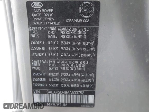 2010 Land Rover LR4 Lux with VIN SALAK2D49AA533752, listed as a IAAI auction lot 41269603 with 248,446 mi miles and . Bid and sale history available at DreamBid. Image 9.