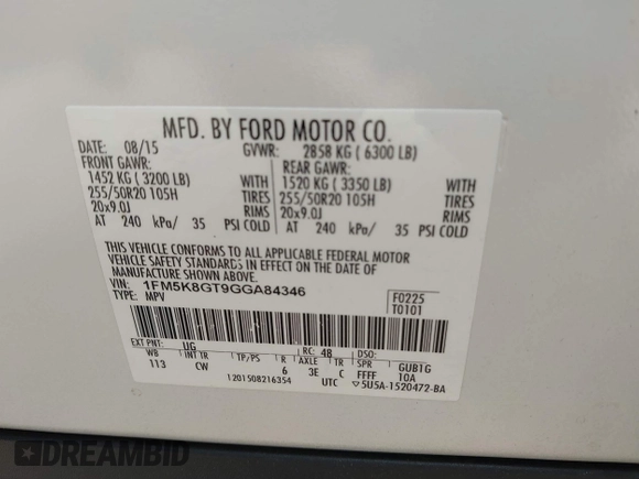 2016 Ford Explorer Sport z VIN 1FM5K8GT9GGA84346, wystawiony jako IAAI lot #42258933 z przebiegiem 155 199 mil mil oraz . Historia ofert i sprzedaży dostępna na DreamBid. Obrazek 9.