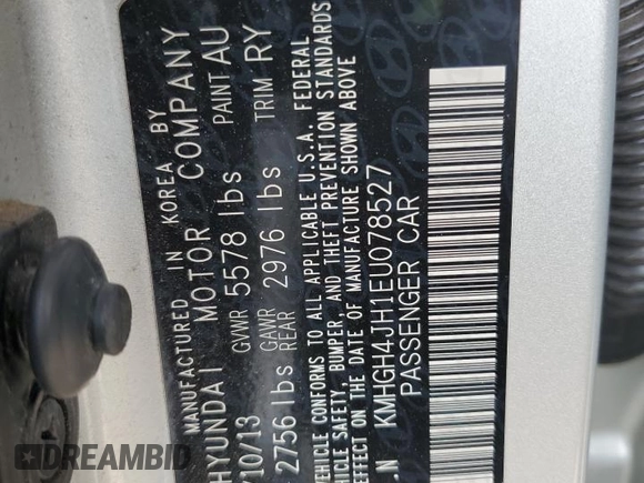 2014 Hyundai Equus Signature with VIN KMHGH4JH1EU078527, listed as a Copart auction lot 51106305 with Not Provided miles and Salvage Title. Bid and sale history available at DreamBid. Image 12.