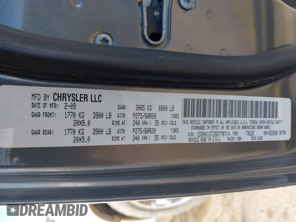 2009 Dodge 1500 Laramie with VIN 1D3HV13T29S778714, listed as a IAAI auction lot 41364288 with 151,451 mi miles and . Bid and sale history available at DreamBid. Image 9.