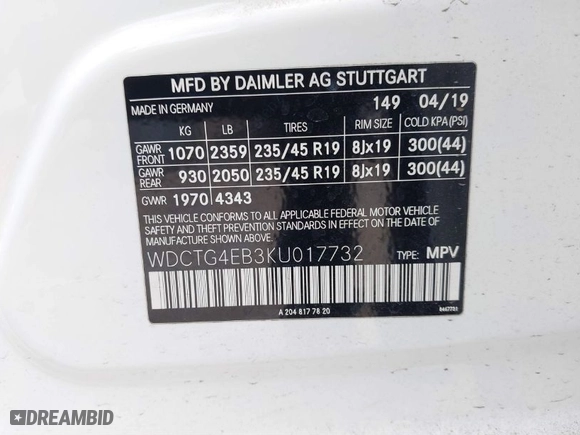 2019 Mercedes-Benz GLA with VIN WDCTG4EB3KU017732, listed as a IAAI auction lot 41499874 with 46,519 mi miles. Bid and sale history available at carsss.com. Image 9.