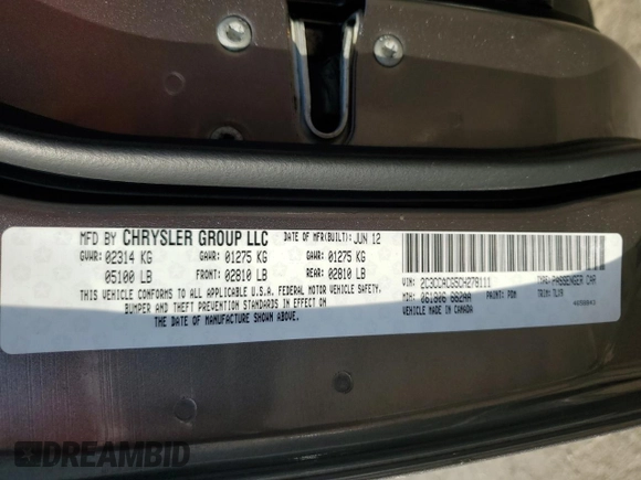 2012 Chrysler 300 Limited z VIN 2C3CCACG5CH278111, wystawiony jako Copart lot #55102175 z przebiegiem 176 184 mil mil oraz Szkody całkowita. Historia ofert i sprzedaży dostępna na DreamBid. Obrazek 12.