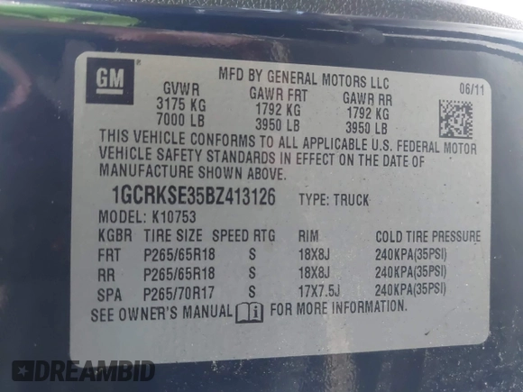 2011 Chevrolet Silverado 1500 LT with VIN 1GCRKSE35BZ413126, listed as a IAAI auction lot 42185963 with 223,132 mi miles and . Bid and sale history available at DreamBid. Image 9.