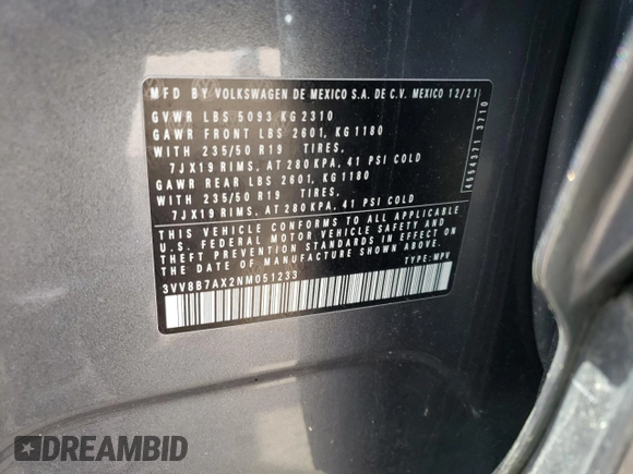 2022 Volkswagen Tiguan SE R-Line Black with VIN 3VV8B7AX2NM051233, listed as a Copart auction lot 54546455 with 61,848 mi miles and Salvage title. Bid and sale history available at DreamBid. Image 13.