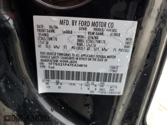 2007 Ford F-250 XL with VIN 1FTSX21P47EA34810, listed as a Copart auction lot 44770375 with 181,801 mi miles and Salvage Title. Bid and sale history available at DreamBid. Image 13.